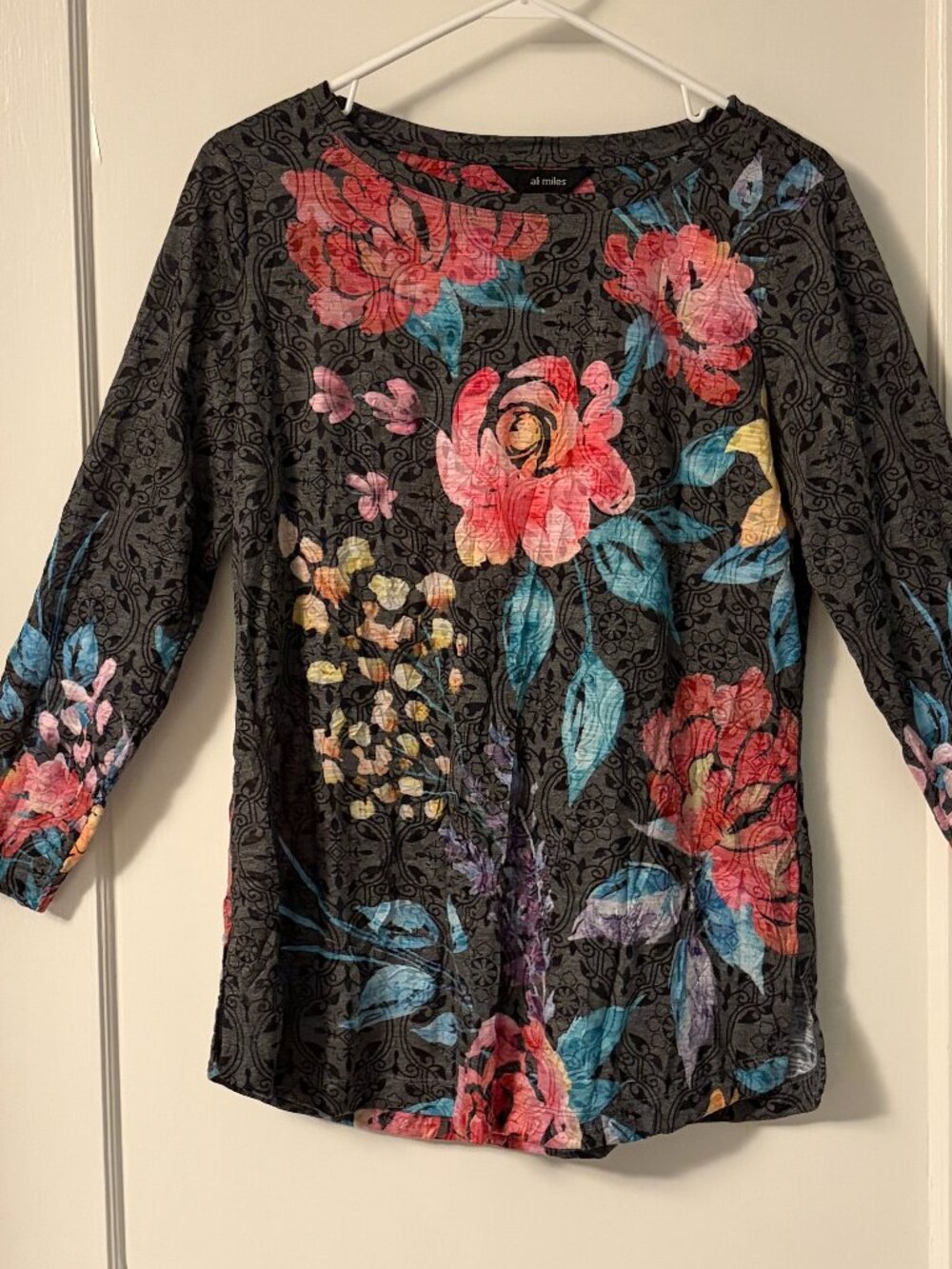 Ali Miles floral graphic print blouse top size small sheer 3/4 sleeve boho Indie